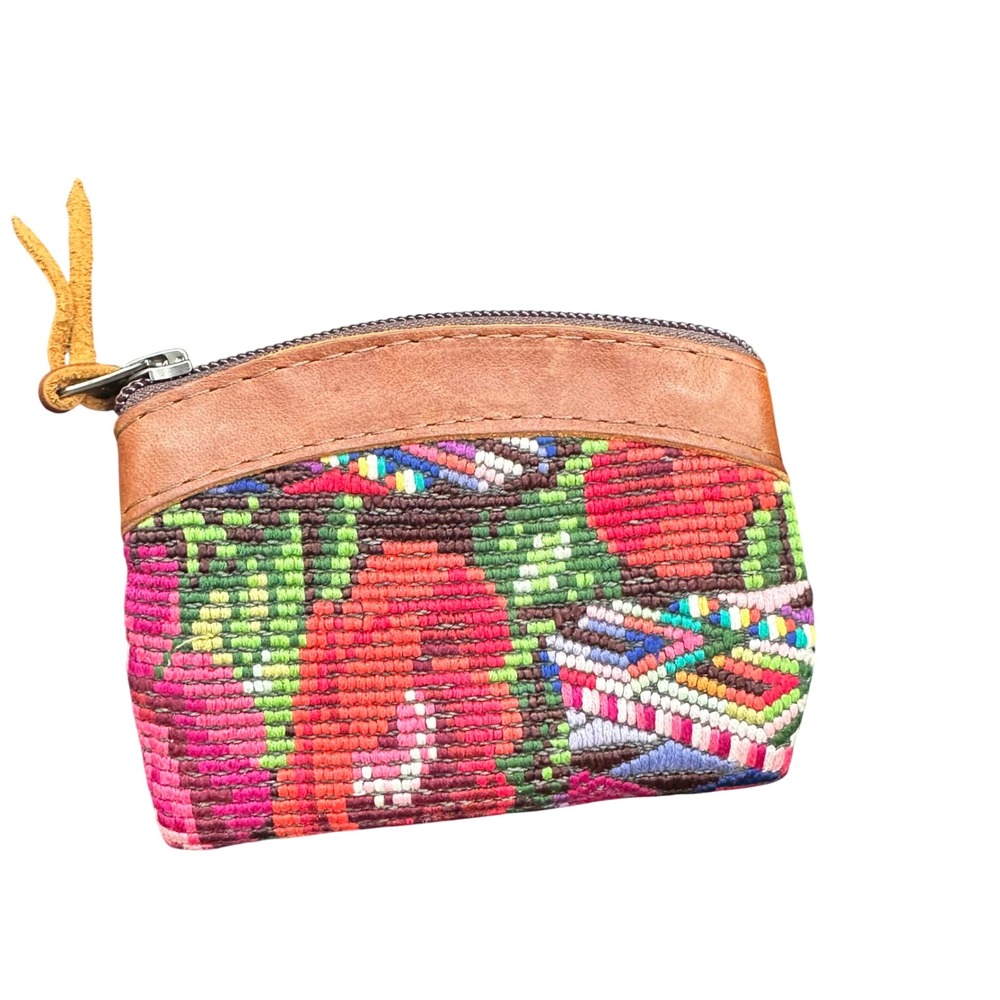 Nena & Co Woven Huipil Pouch Coin Purse Leather Trim Floral Multi Poetcore Boho